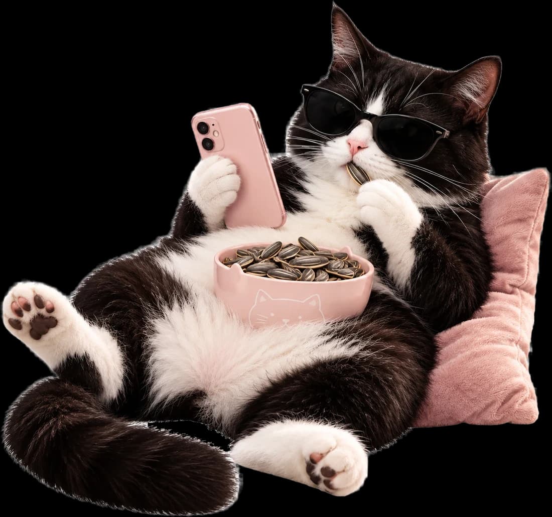 Güneş gözlüklü smokin kedi, elinde telefon ve çekirdek kasesiyle yastığa yaslanmış